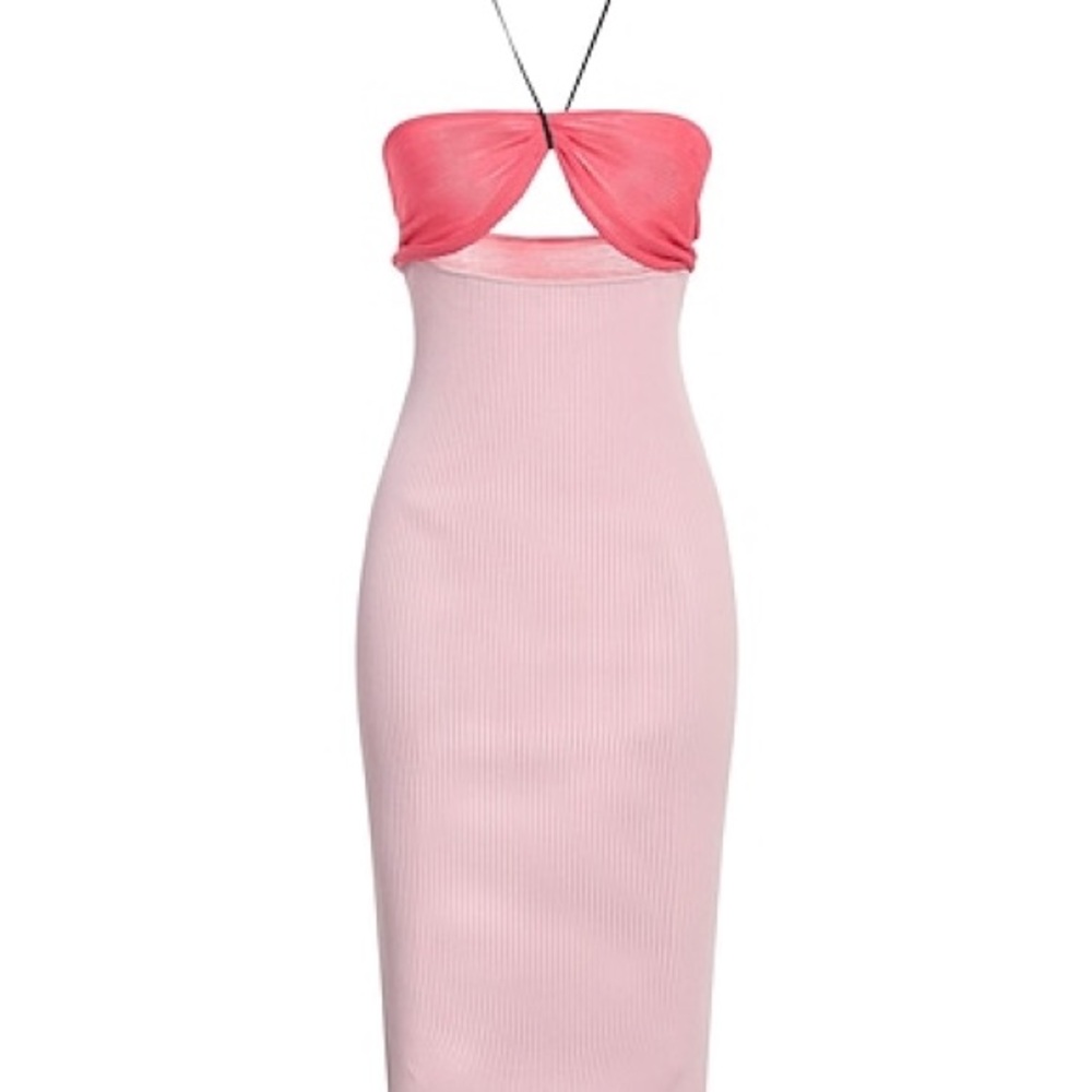 Nensi Dojaka Pink Ribbed Strapless Halter Bandage Bodycon Midi Dress - Size Smal